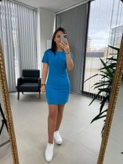 My 3364 Crep Dikişli Mavi Kalem Elbise