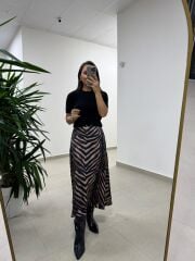 Bb 30469 Kahve Zebra Detaylı Saten Etek