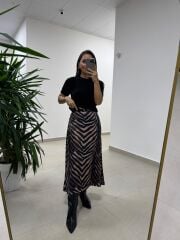 Bb 30469 Kahve Zebra Detaylı Saten Etek