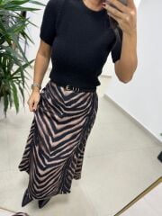 Bb 30469 Kahve Zebra Detaylı Saten Etek