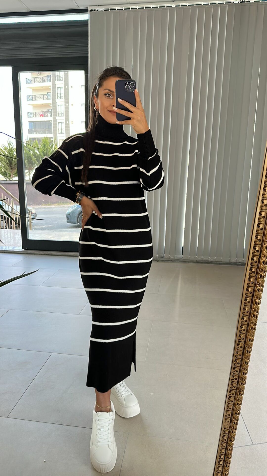 Black and White Striped Fisherman Knitwear Dress