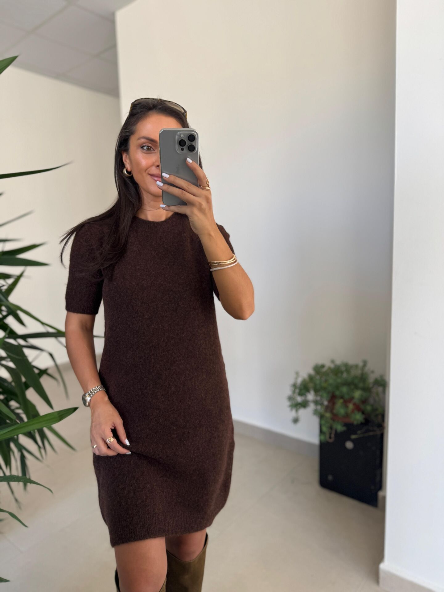 Dv 90257 Kahve Kısa Kol Triko Elbise