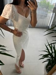 My 3423 Kalp Yaka Krem Dantel Elbise