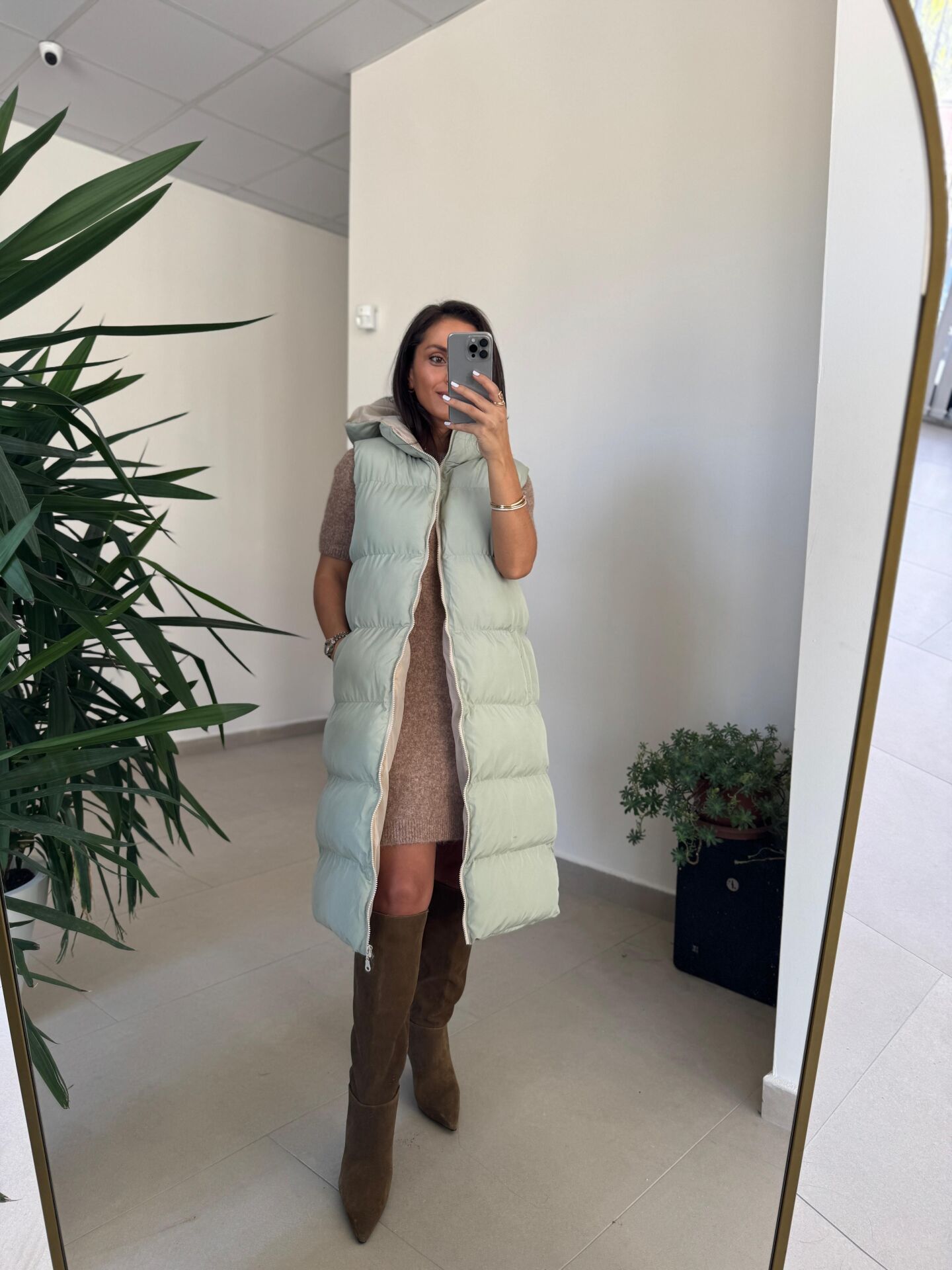 Bd Kapüşonlu Mint Yeşili Uzun Şişme Yelek