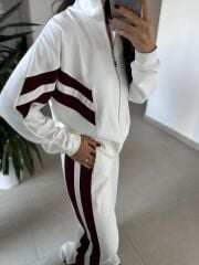 Ms 00064 Ekru-Bordo Şerit Geçişli Fermuarlı Modal Takım
