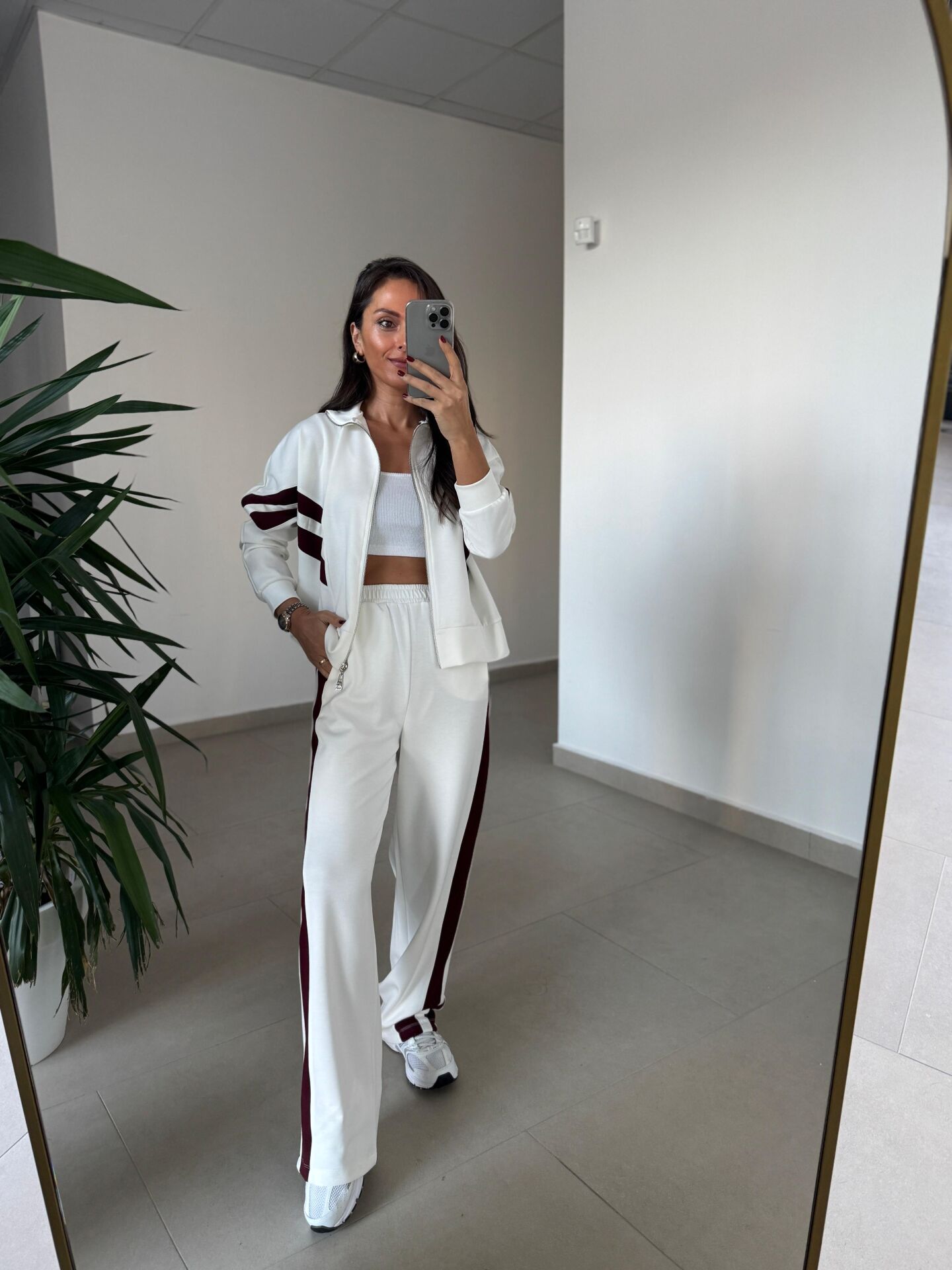 Ms 00064 Ekru-Bordo Şerit Geçişli Fermuarlı Modal Takım