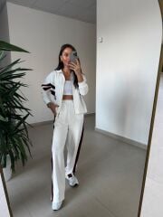 Ms 00064 Ekru-Bordo Şerit Geçişli Fermuarlı Modal Takım