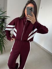 Ms 00064 Bordo-Beyaz Şerit Geçişli Fermuarlı Modal Takım