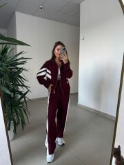 Ms 00064 Bordo-Beyaz Şerit Geçişli Fermuarlı Modal Takım