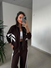 Ms 00064 Kahve-Beyaz Şerit Geçişli Fermuarlı Modal Takım