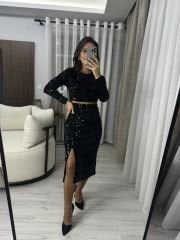 My 3353 Siyah Payetli Eteklı Takım