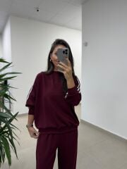 Ms 56489 Bordo-Beyaz İnce Şerit Geçişli Modal Takım