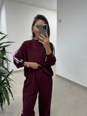 Ms 56489 Bordo-Beyaz İnce Şerit Geçişli Modal Takım