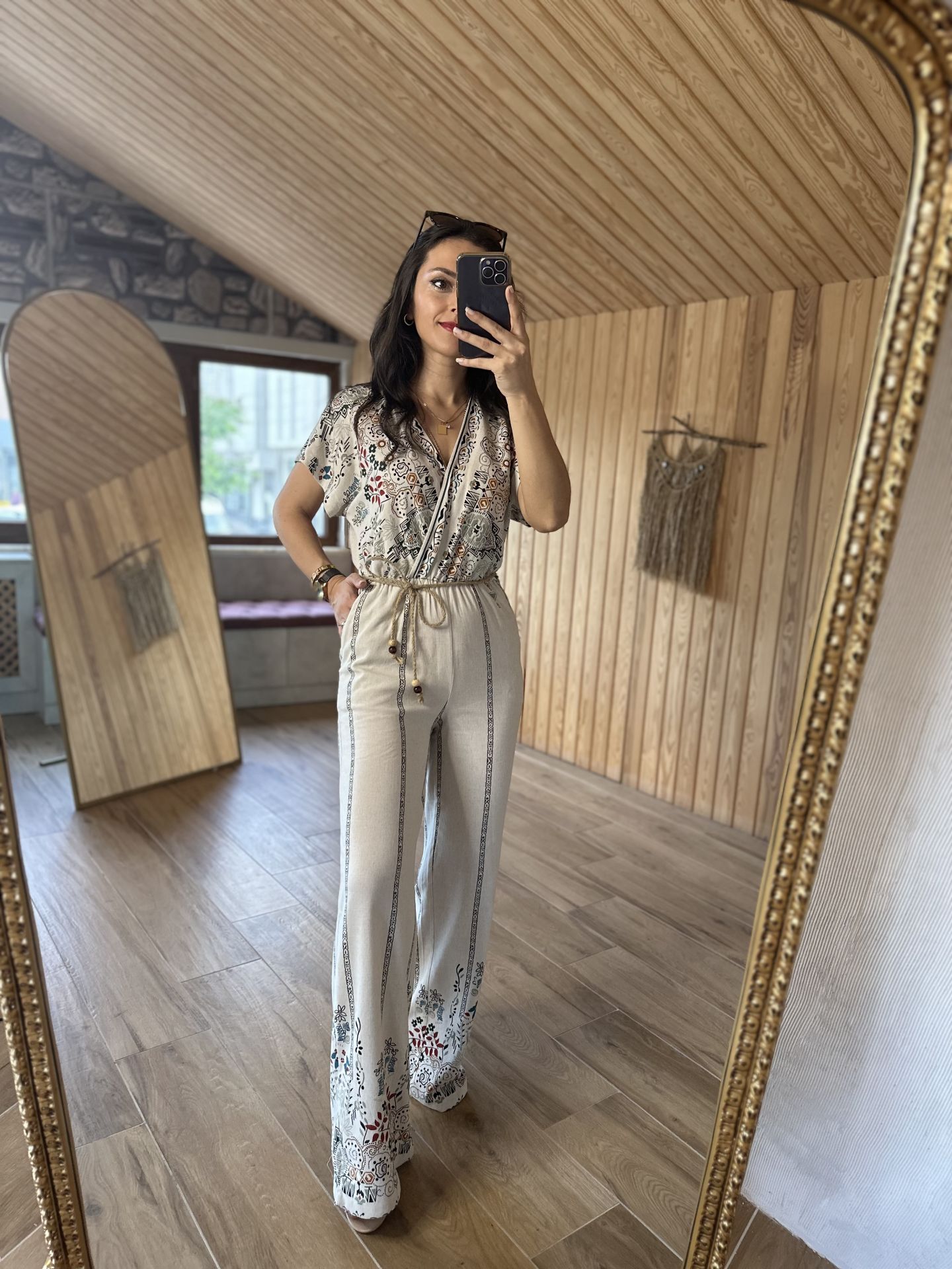 Mein 3118 Rohleinen-Jumpsuit mit ethnischem Muster