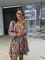 Ays Turuncu Düğmeli Şifon Elbise