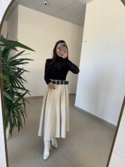 Ny 3052 Bej Dantel Ve Deri Birleşimi Elbise