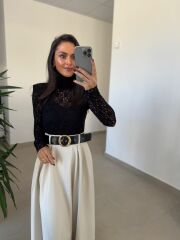 Ny 3052 Bej Dantel Ve Deri Birleşimi Elbise