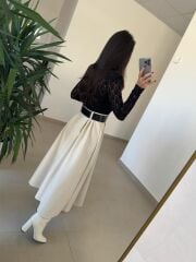 Ny 3052 Bej Dantel Ve Deri Birleşimi Elbise