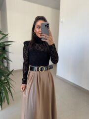 Ny 3052 Vizon Dantel Ve Deri Birleşimi Elbise