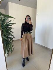 Ny 3052 Vizon Dantel Ve Deri Birleşimi Elbise