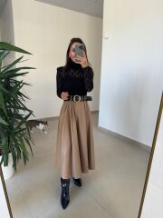 Ny 3052 Vizon Dantel Ve Deri Birleşimi Elbise