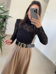 Ny 3052 Vizon Dantel Ve Deri Birleşimi Elbise