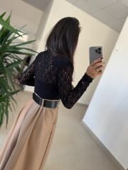 Ny 3052 Vizon Dantel Ve Deri Birleşimi Elbise