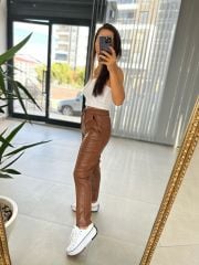 Kahve Çimalı Deri Pantolon