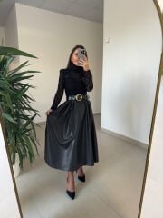 Ny 3052 Siyah Dantel Ve Deri Birleşimi Elbise