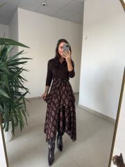 Ms 2042 Kahve Gömlek Bağlama Detaylı Elbise