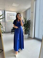 Np 6002 Saks Yarasa Kollu Pileli Elbise