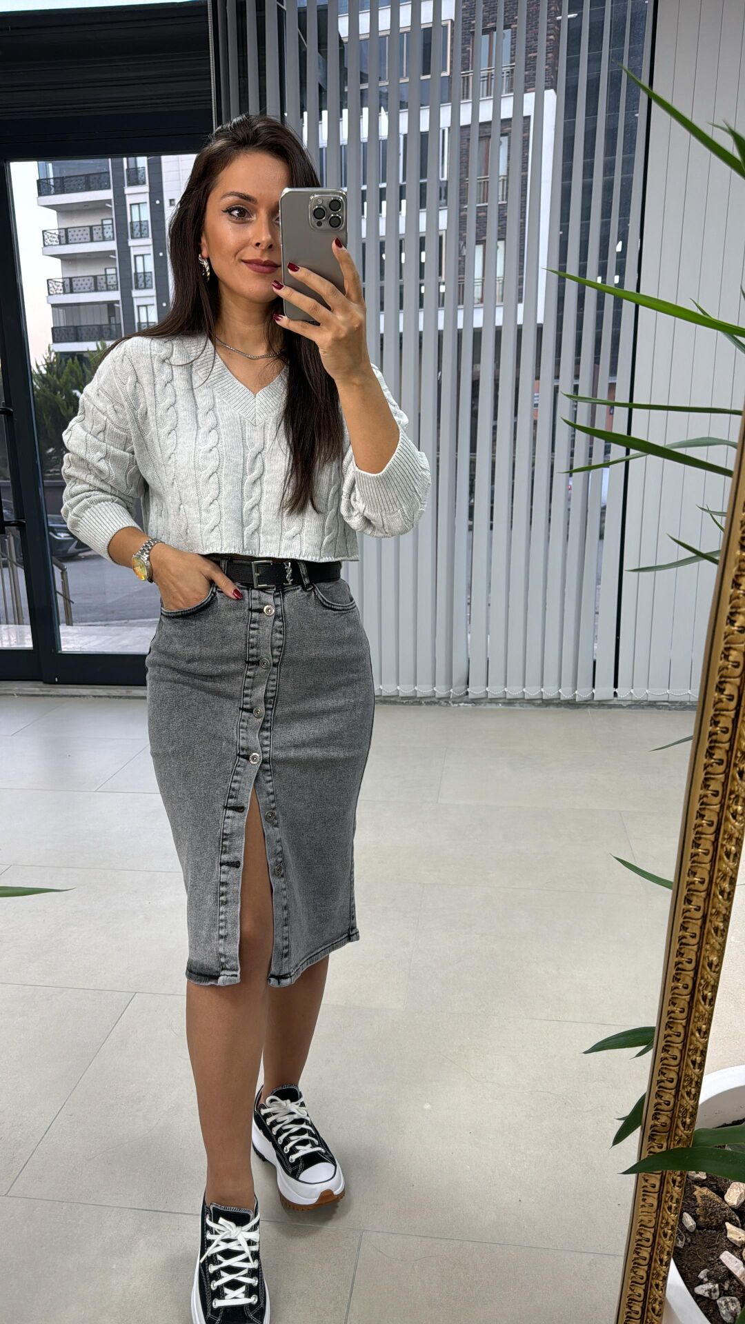 Denim Anthracite Buttoned Skirt