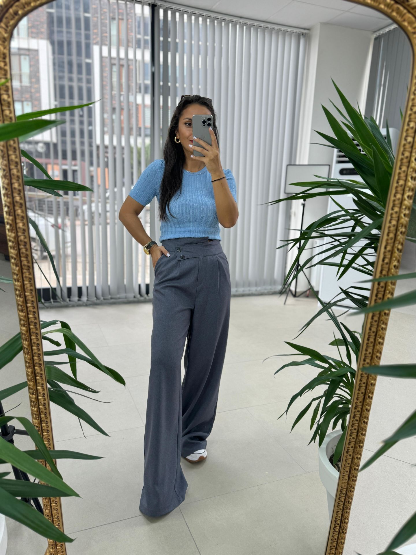 Mc 3016 Cross Button Detailed Gray Trousers