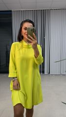 Ms Degaje Yaka Crep Neon Sarı Elbise