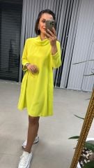 Ms Degaje Yaka Crep Neon Sarı Elbise