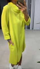 Ms Degaje Yaka Crep Neon Sarı Elbise
