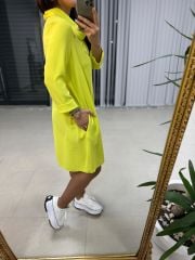 Ms Degaje Yaka Crep Neon Sarı Elbise