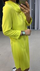 Ms Degaje Yaka Crep Neon Sarı Elbise