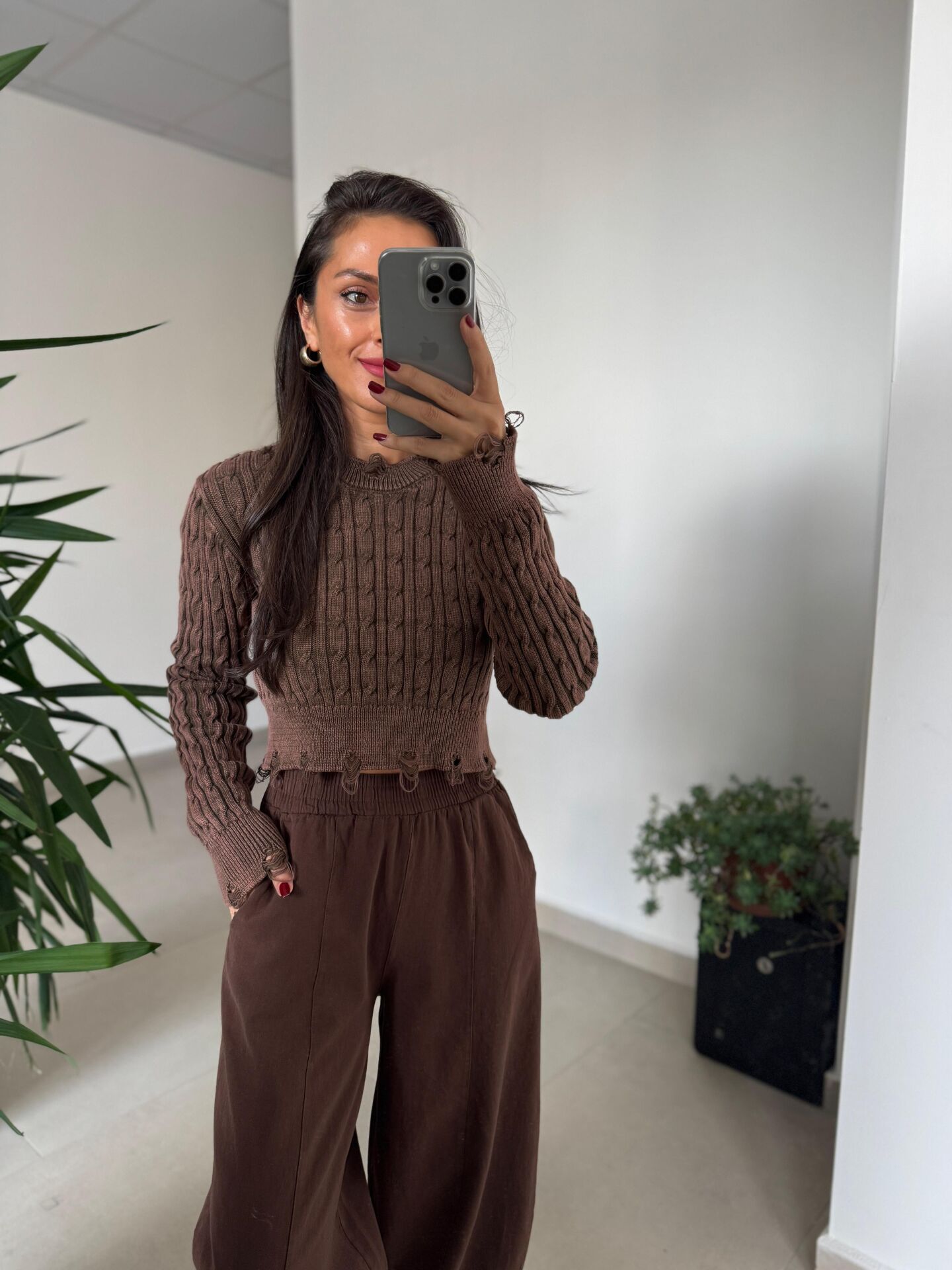 Dm 1233 Örgü Saçaklı Kahve Kazak