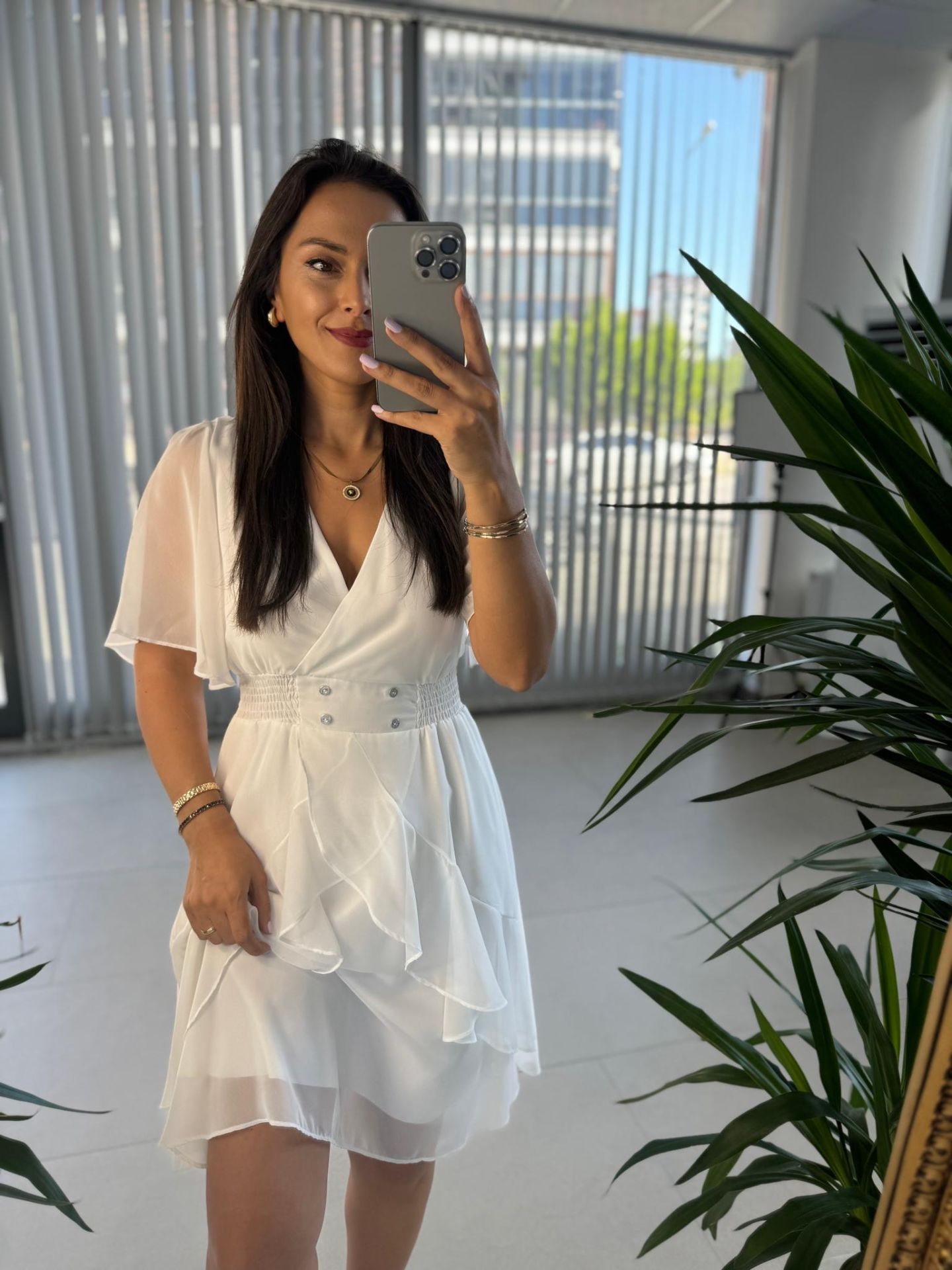 Mc 5723 Waist Buttoned White Chiffon Dress