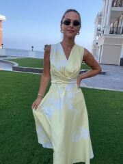 My 3776 Sarı Çiçekli Bağlamalı Elbise