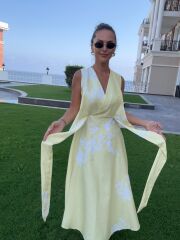 My 3776 Sarı Çiçekli Bağlamalı Elbise