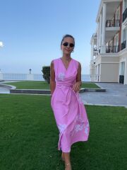 My 3776 Pembe Çiçekli Bağlamalı Elbise