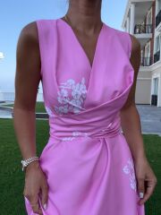 My 3776 Pembe Çiçekli Bağlamalı Elbise