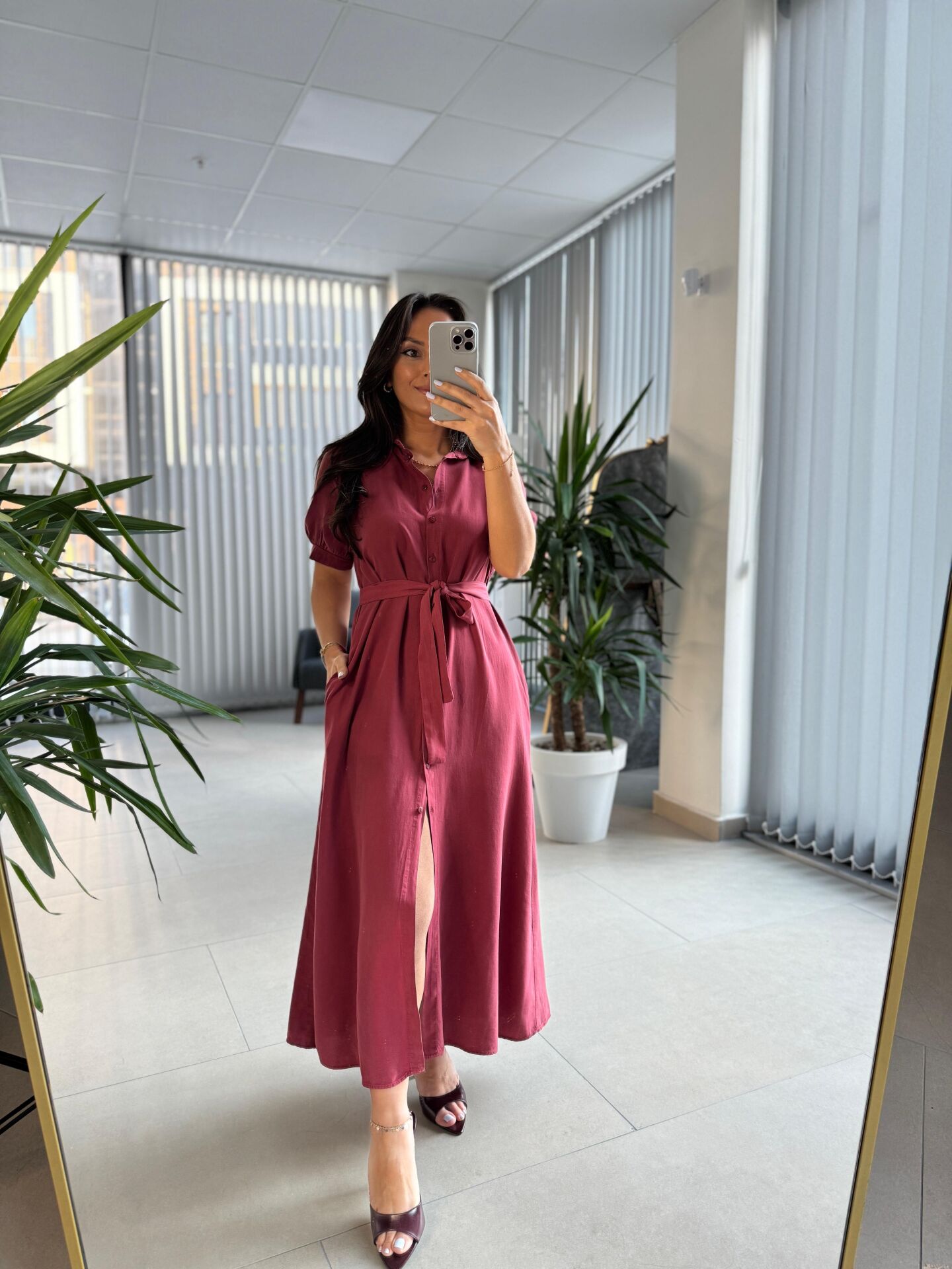 Cr 1005 Mürdüm Kısa Kol Gömlek Elbise