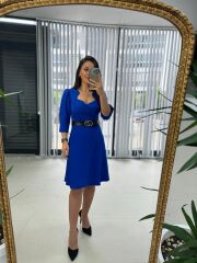 Mc Savcı Yaka Saks Kemerli Elbise