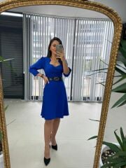 Mc Savcı Yaka Saks Kemerli Elbise