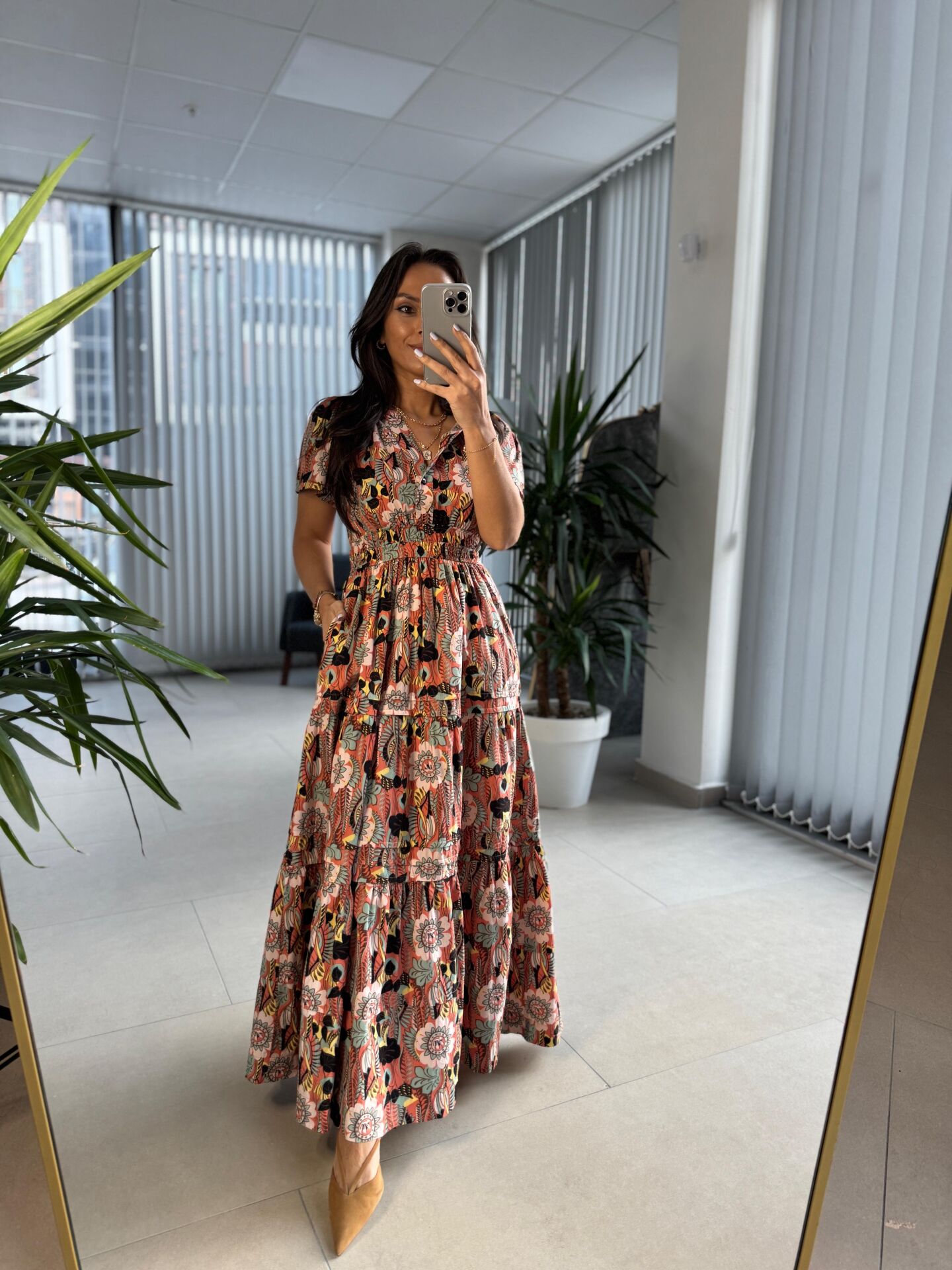 Cr 1020 Pamuk Gabardin V Yaka Renkli Maksiboy Elbise