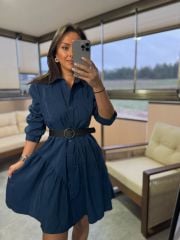 Mk 178 Tensel Petrol Mavi Kemerli Gömlek Elbise