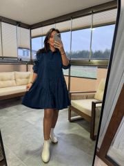 Mk 178 Tensel Petrol Mavi Kemerli Gömlek Elbise